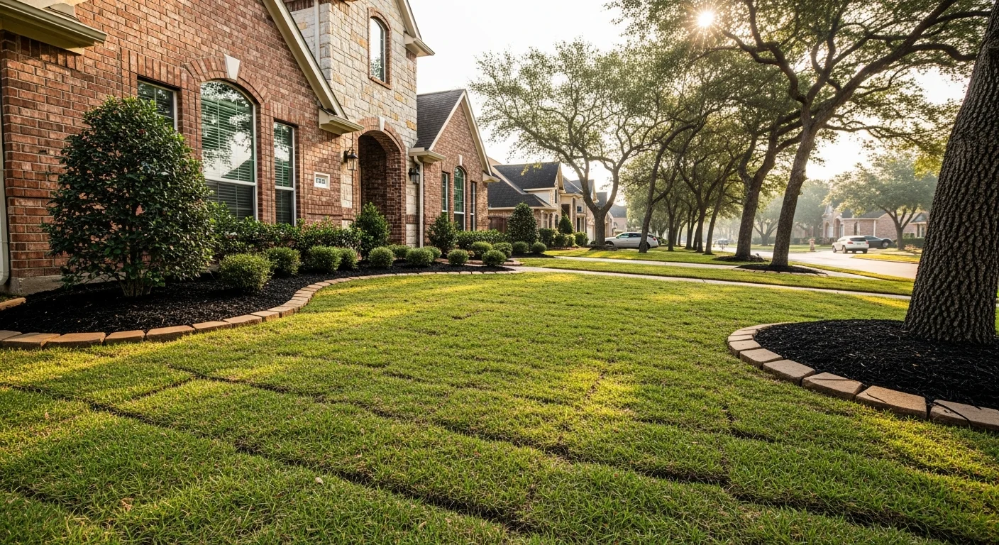 A well-maintained Tomball residential home with a manicured front lawn and brick exterior, representing quality workmanship in the community.